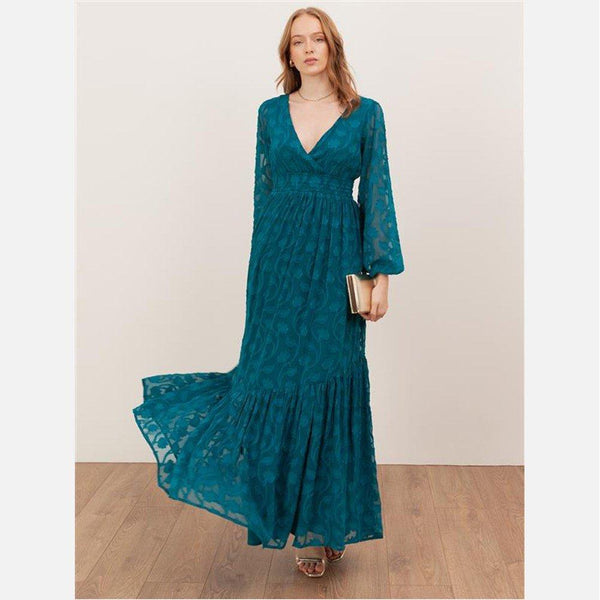 Lovedrobe Teal Floral Burnout Tie-Back Maxi Dress with Asymmetric Split Hem