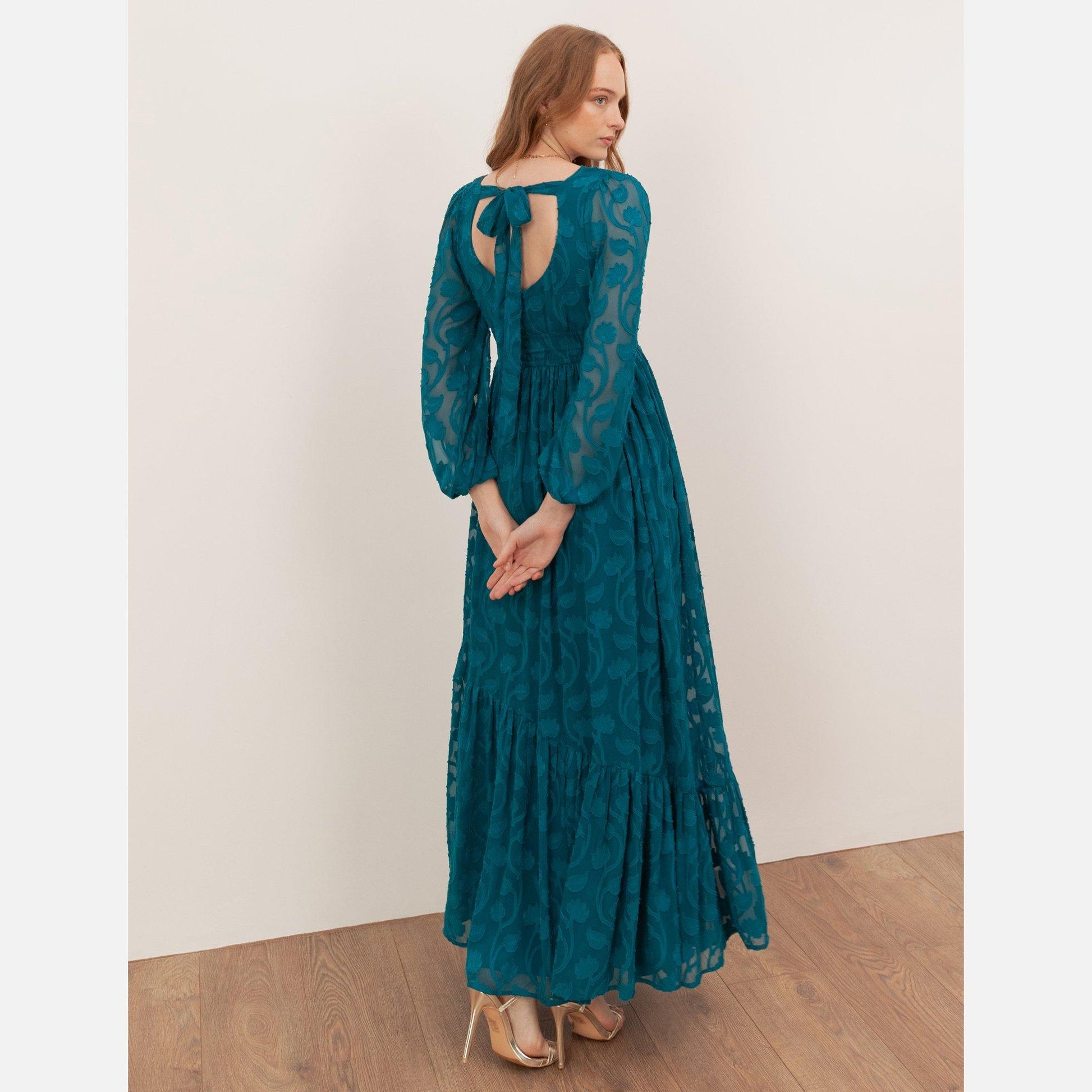 Lovedrobe Teal Floral Burnout Tie-Back Maxi Dress with Asymmetric Split Hem