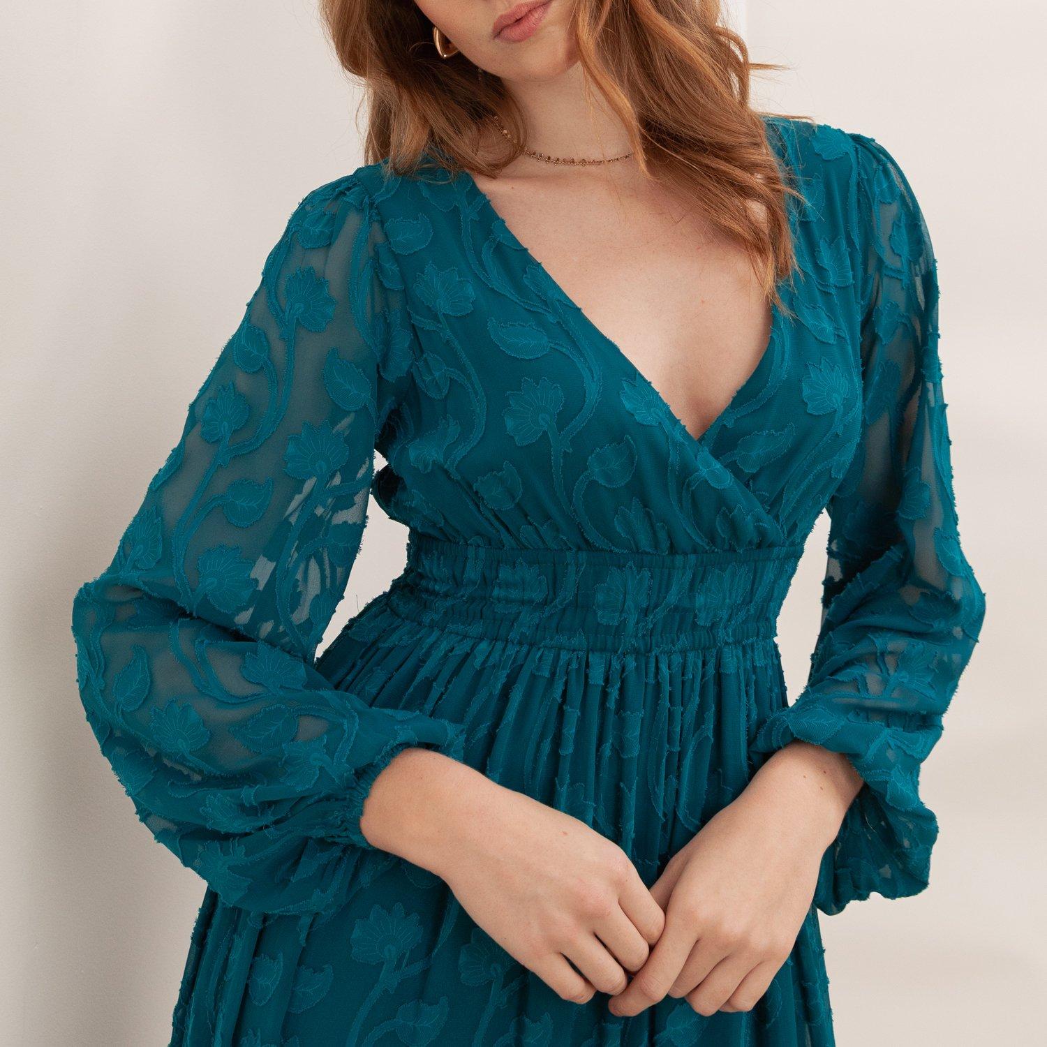 Lovedrobe Teal Floral Burnout Tie-Back Maxi Dress with Asymmetric Split Hem