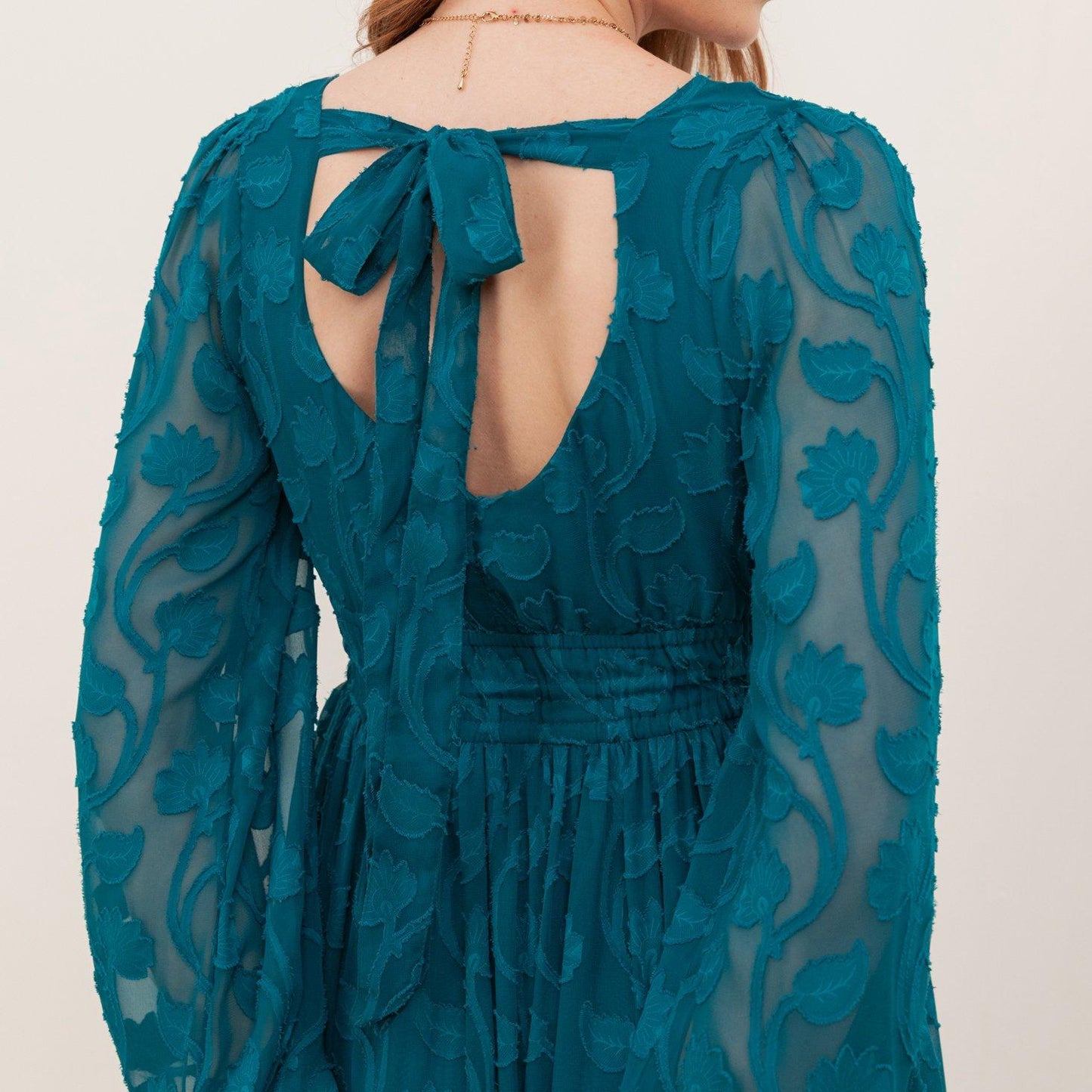 Lovedrobe Teal Floral Burnout Tie-Back Maxi Dress with Asymmetric Split Hem