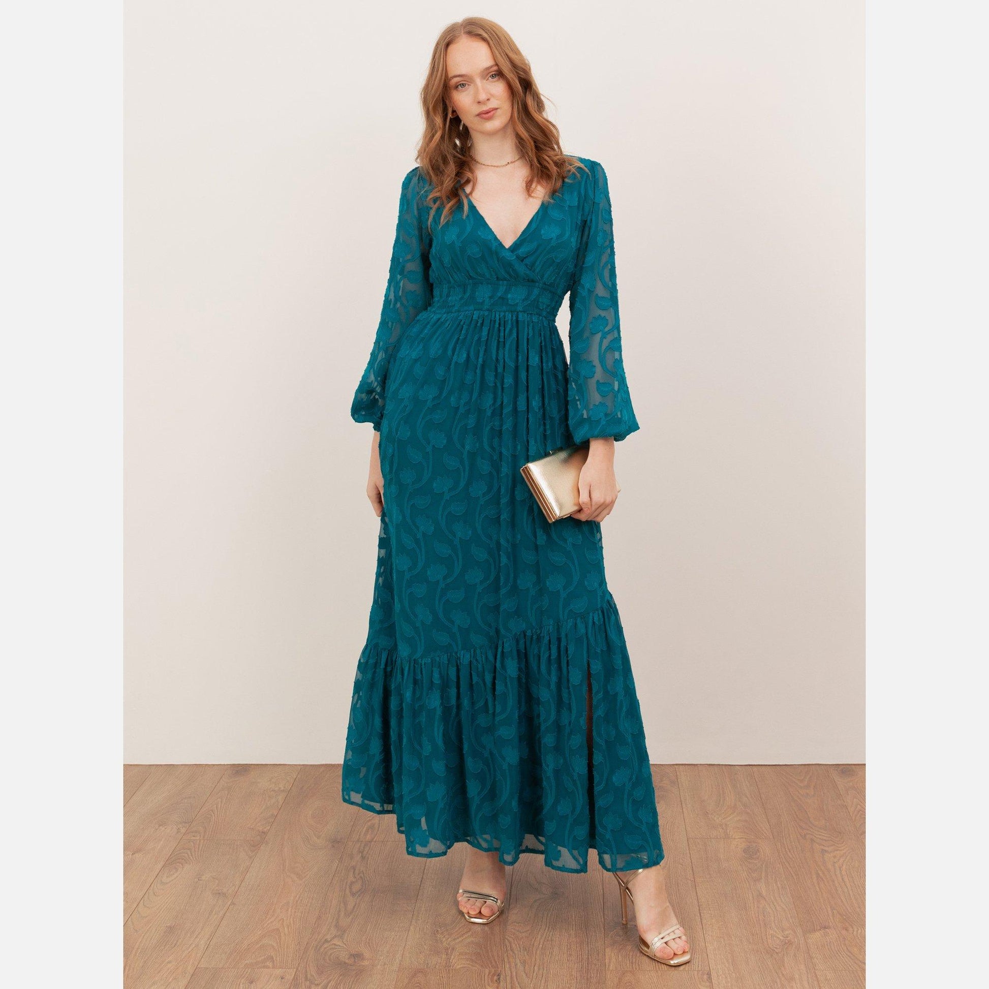 Lovedrobe Teal Floral Burnout Tie-Back Maxi Dress with Asymmetric Split Hem