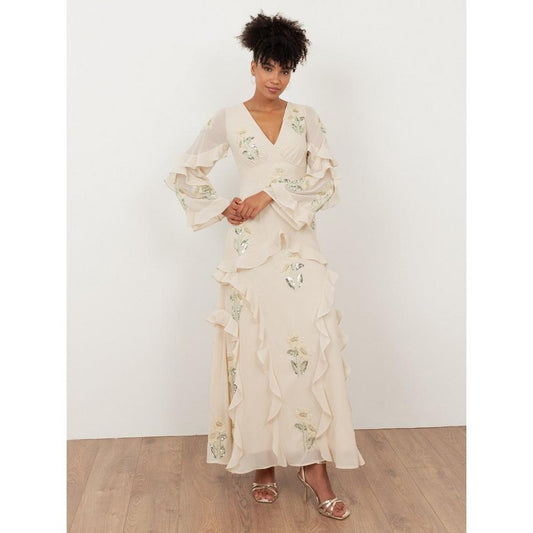 Maya Vanilla Embellished Maxi Sleeve Ruffle Maxi Dress