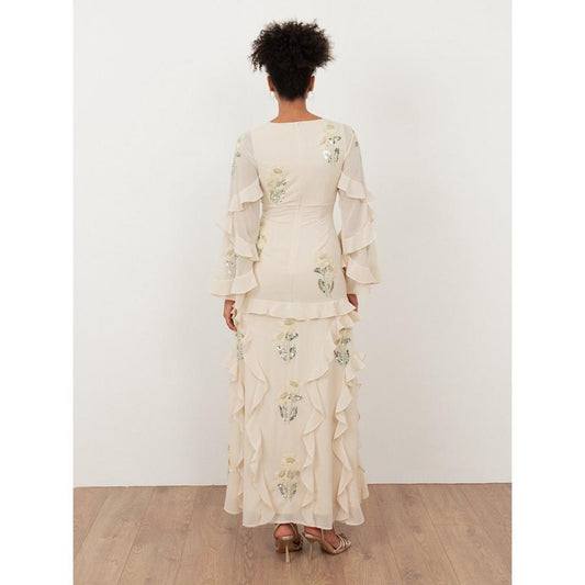 Maya Vanilla Embellished Maxi Sleeve Ruffle Maxi Dress