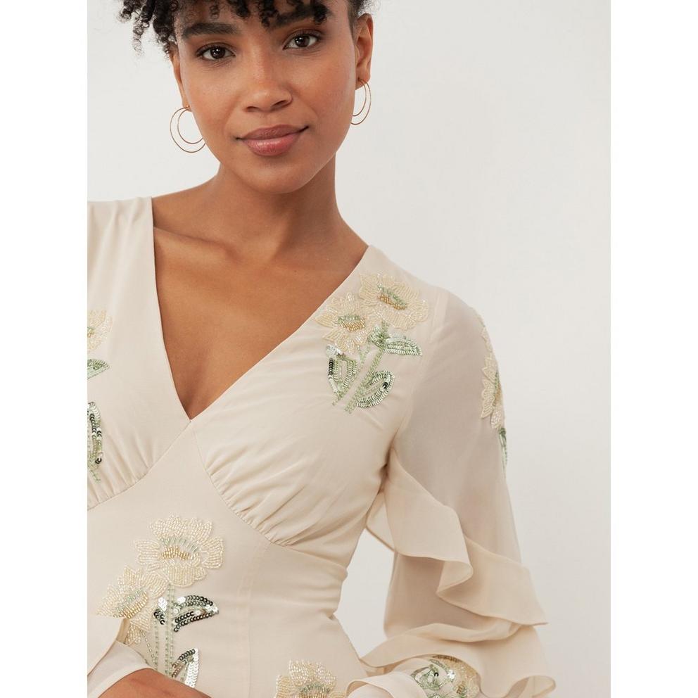 Maya Vanilla Embellished Maxi Sleeve Ruffle Maxi Dress