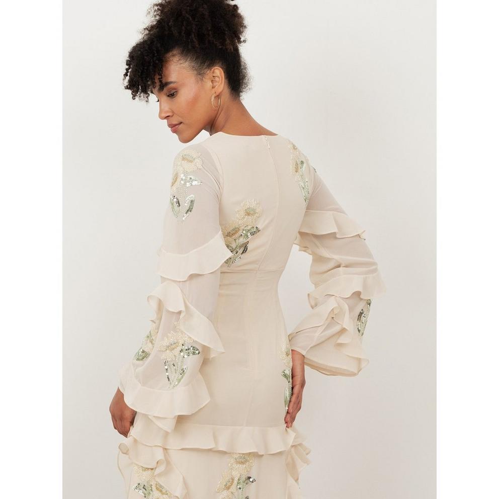 Maya Vanilla Embellished Maxi Sleeve Ruffle Maxi Dress