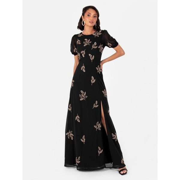 Maya Black Embellished Short Sleeve Maxi Dress with Open Back