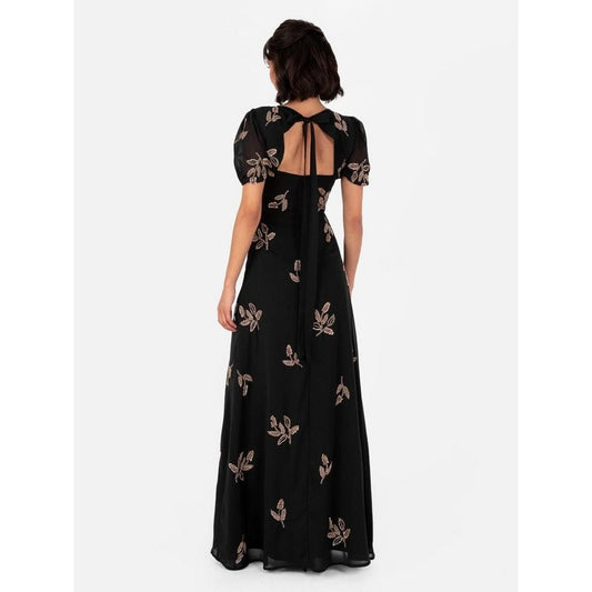 Maya Black Embellished Short Sleeve Maxi Dress with Open Back