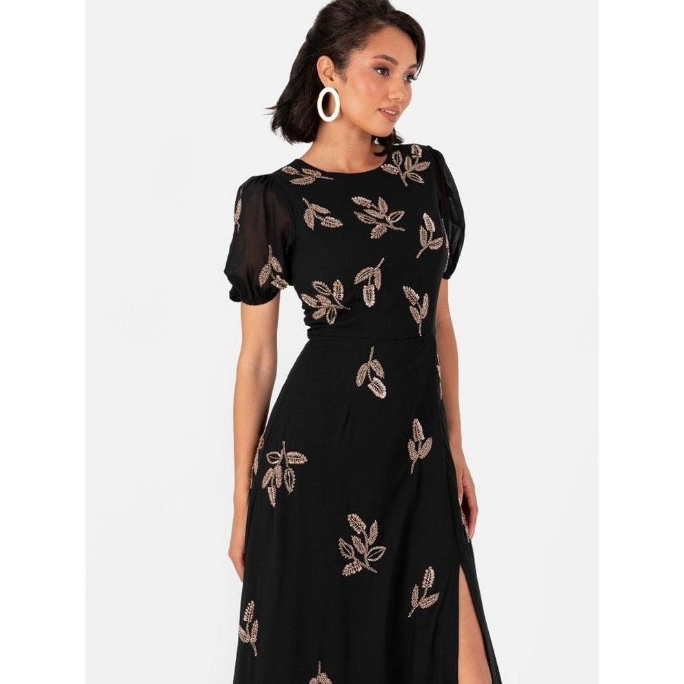 Maya Black Embellished Short Sleeve Maxi Dress with Open Back