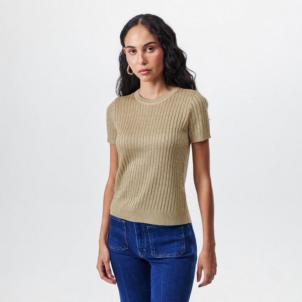Metallic Rib-Knit Short-Sleeve Jumper