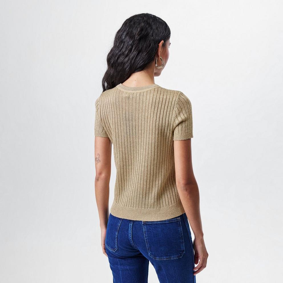 Metallic Rib-Knit Short-Sleeve Jumper
