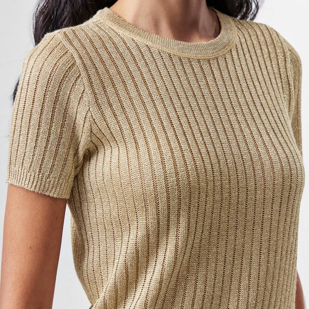 Metallic Rib-Knit Short-Sleeve Jumper