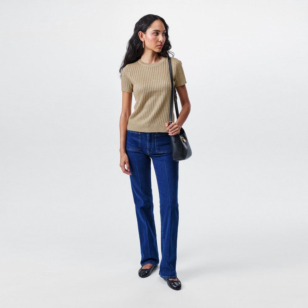Metallic Rib-Knit Short-Sleeve Jumper