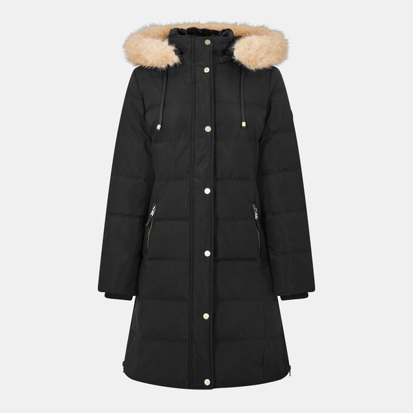 Women's Real Leather Fur Hood Medium Puffer Jacket