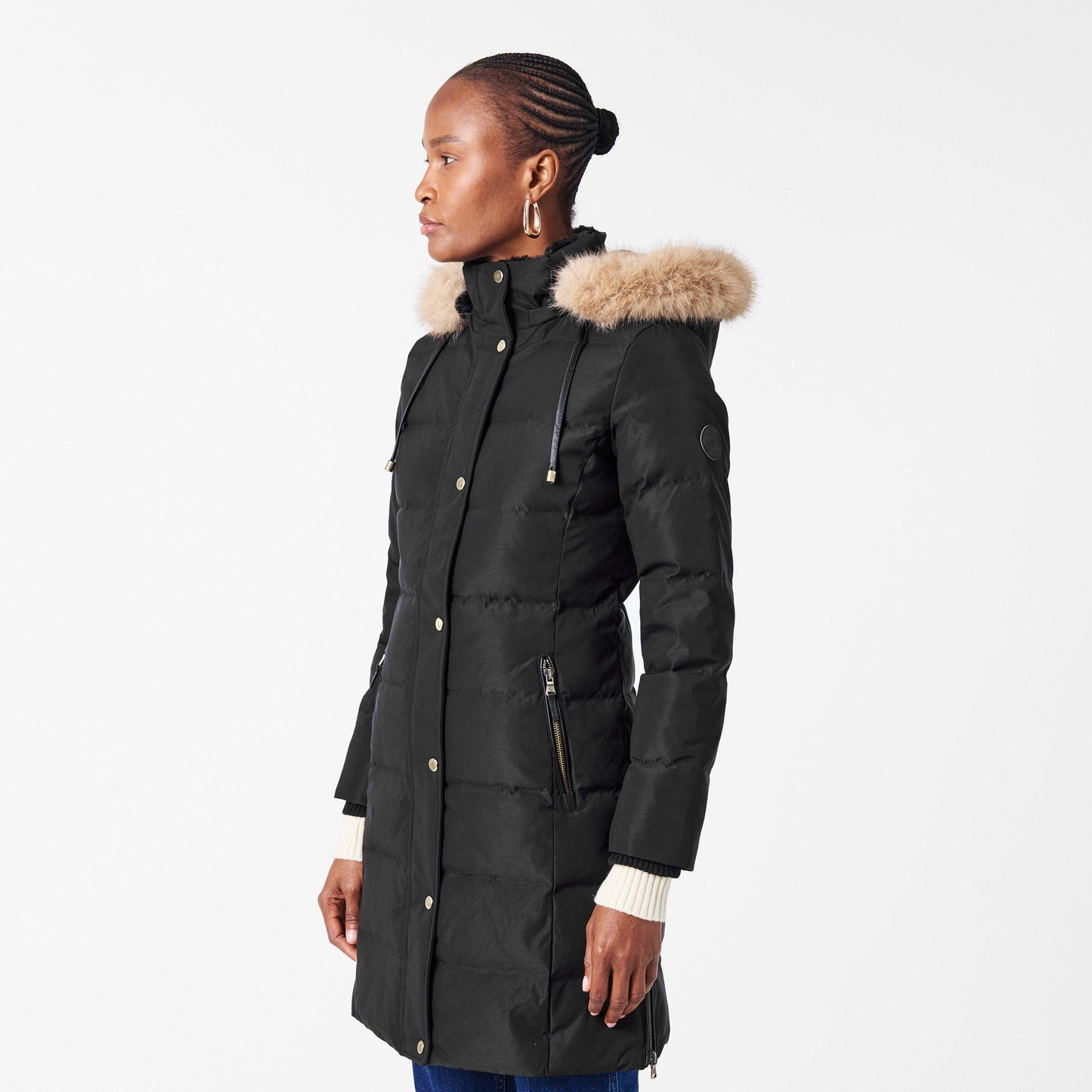 Women's Real Leather Fur Hood Medium Puffer Jacket