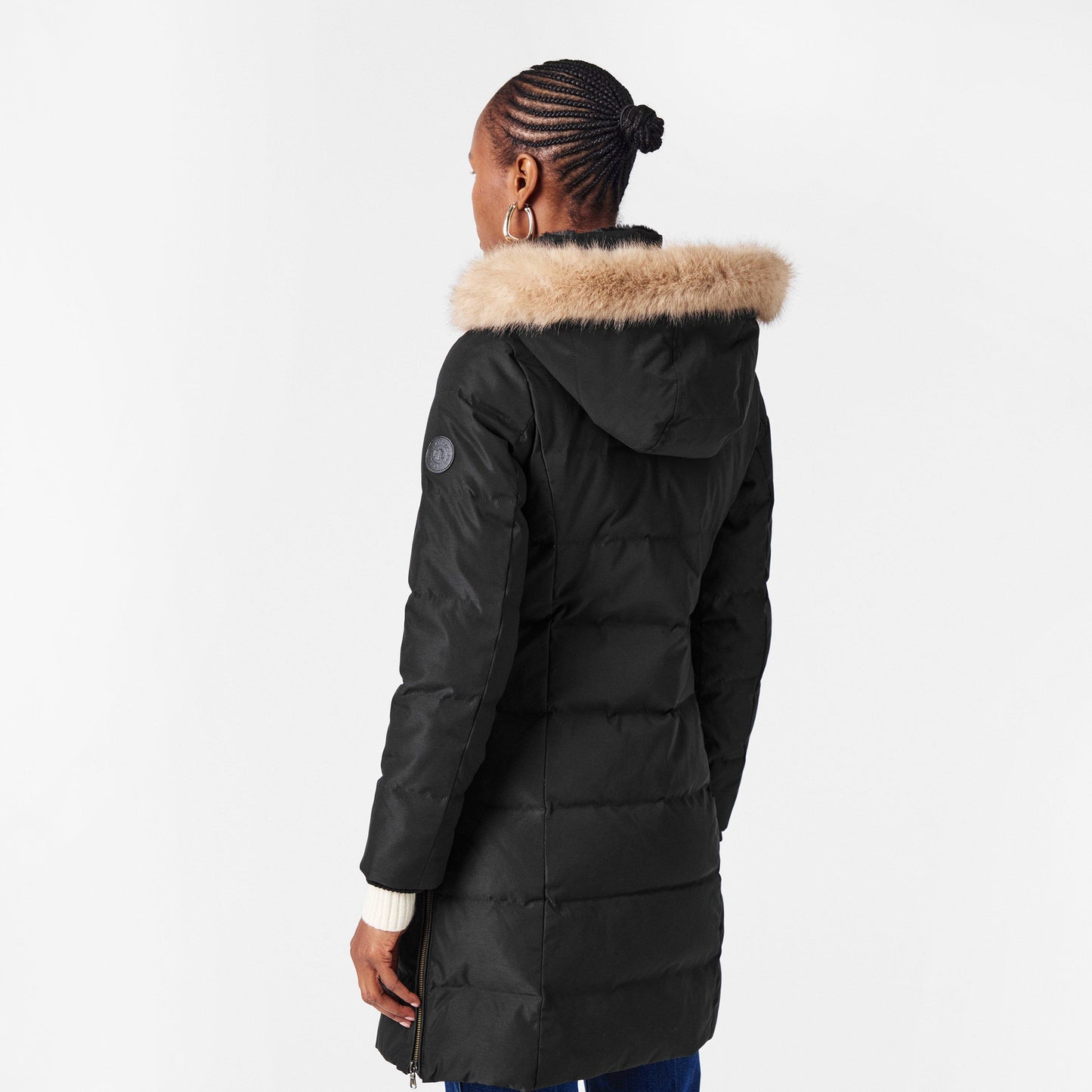 Women's Real Leather Fur Hood Medium Puffer Jacket