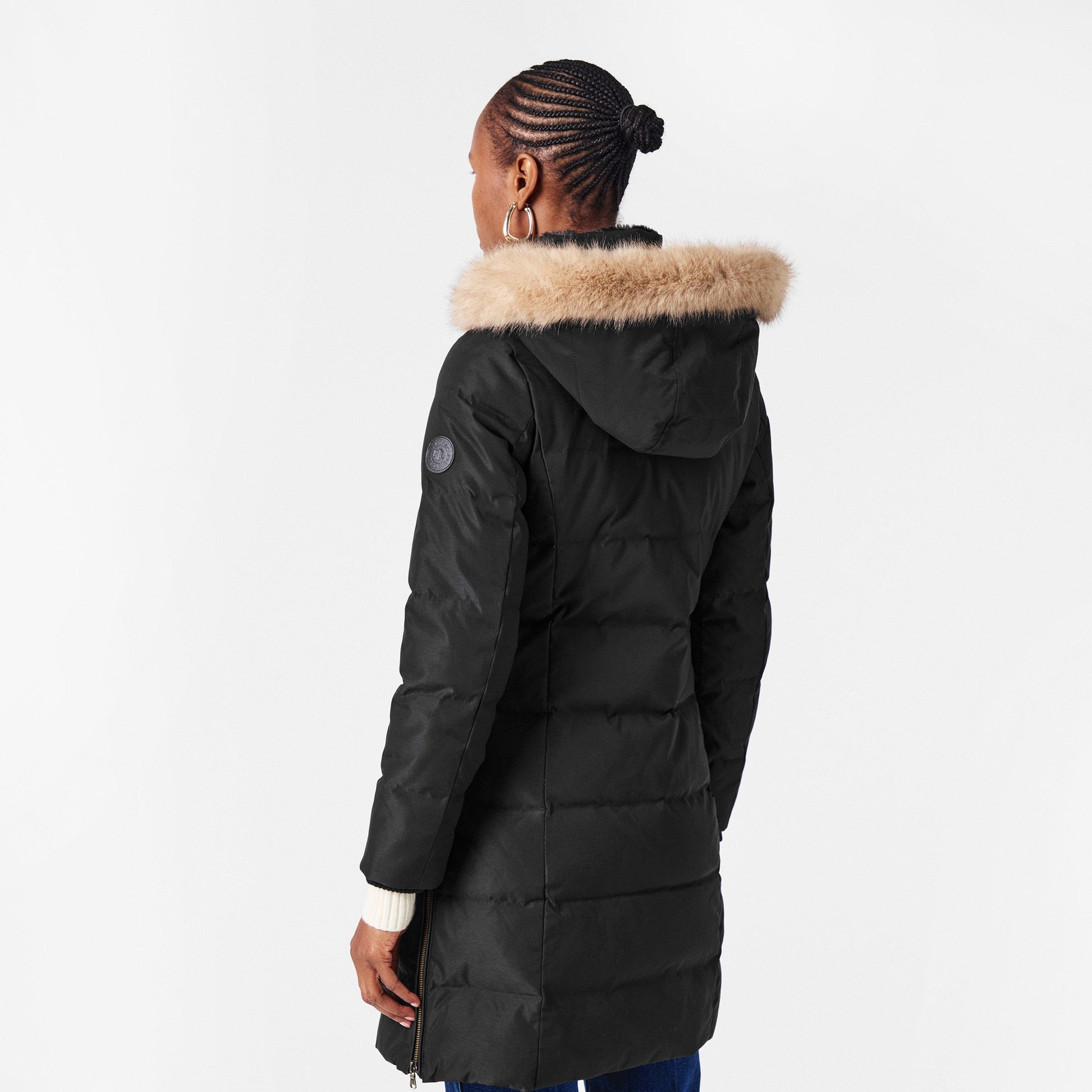 Women's Real Leather Fur Hood Medium Puffer Jacket