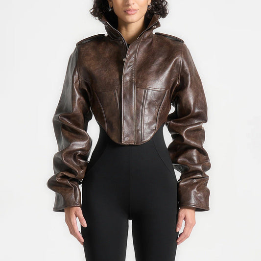 Maniere De Voir Womens Solange Vintage Leather Corset Jacket
