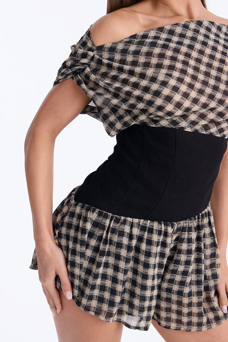 Kiss Me Quick Gingham One Shoulder Flowy Short Romper