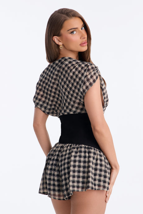 Kiss Me Quick Gingham One Shoulder Flowy Short Romper