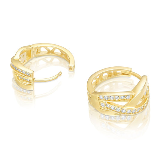 9ct Yellow Gold 3 Row Cubic Zirconia Twisted Huggie Hoop Earrings