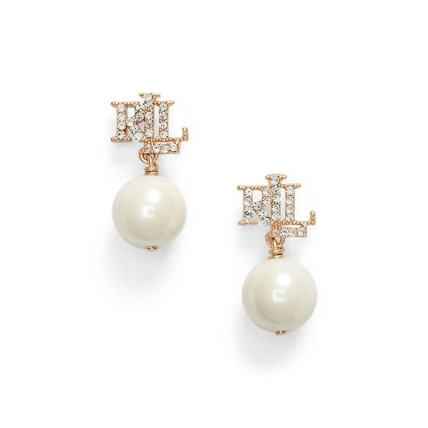 Lauren Ralph Lauren Gold Pave Logo Pearl Drop Earrings