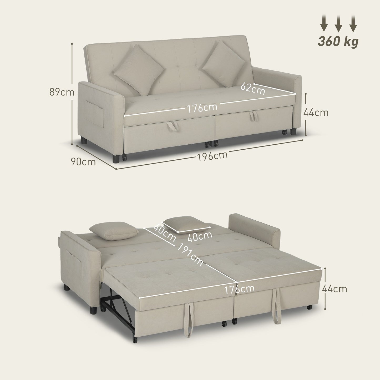 HOMCOM 3 Seater Fabric Sofa Bed with Pull Out Couch - Beige