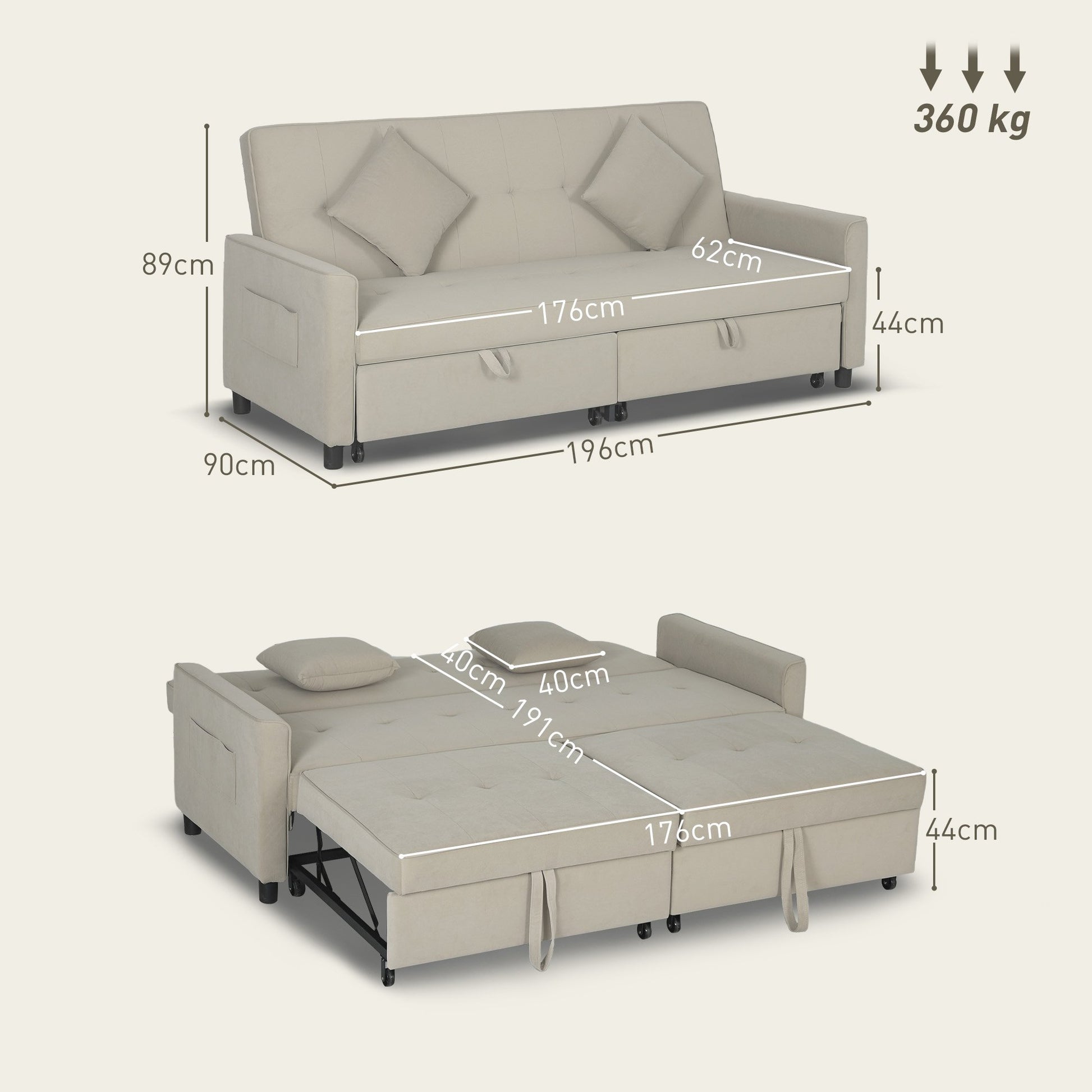 HOMCOM 3 Seater Fabric Sofa Bed with Pull Out Couch - Beige