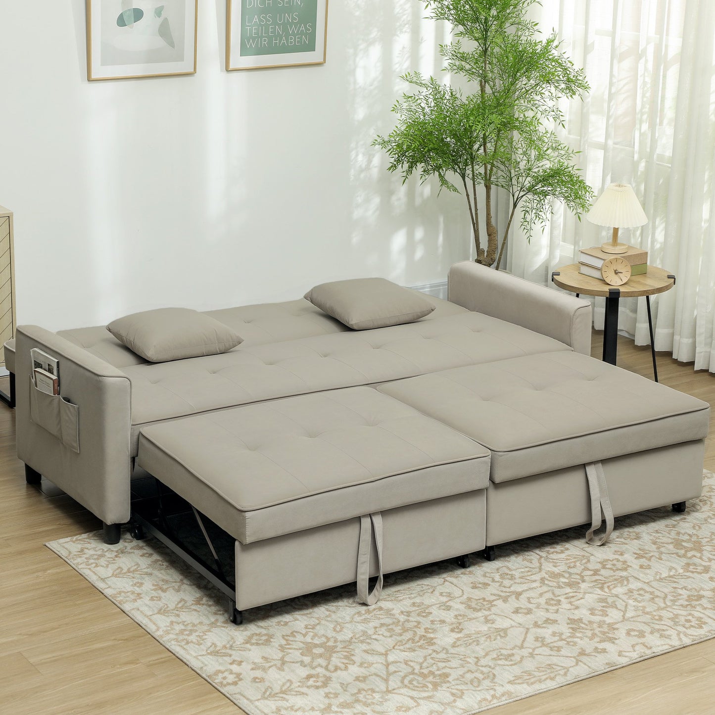 HOMCOM 3 Seater Fabric Sofa Bed with Pull Out Couch - Beige