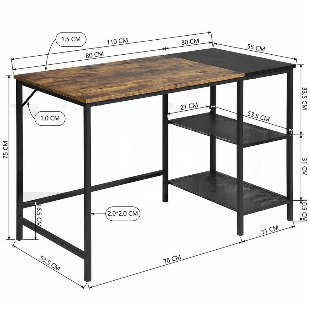 FurnitureR AIGNEIS Black and Wooden 110cm Desk with 2 shelves