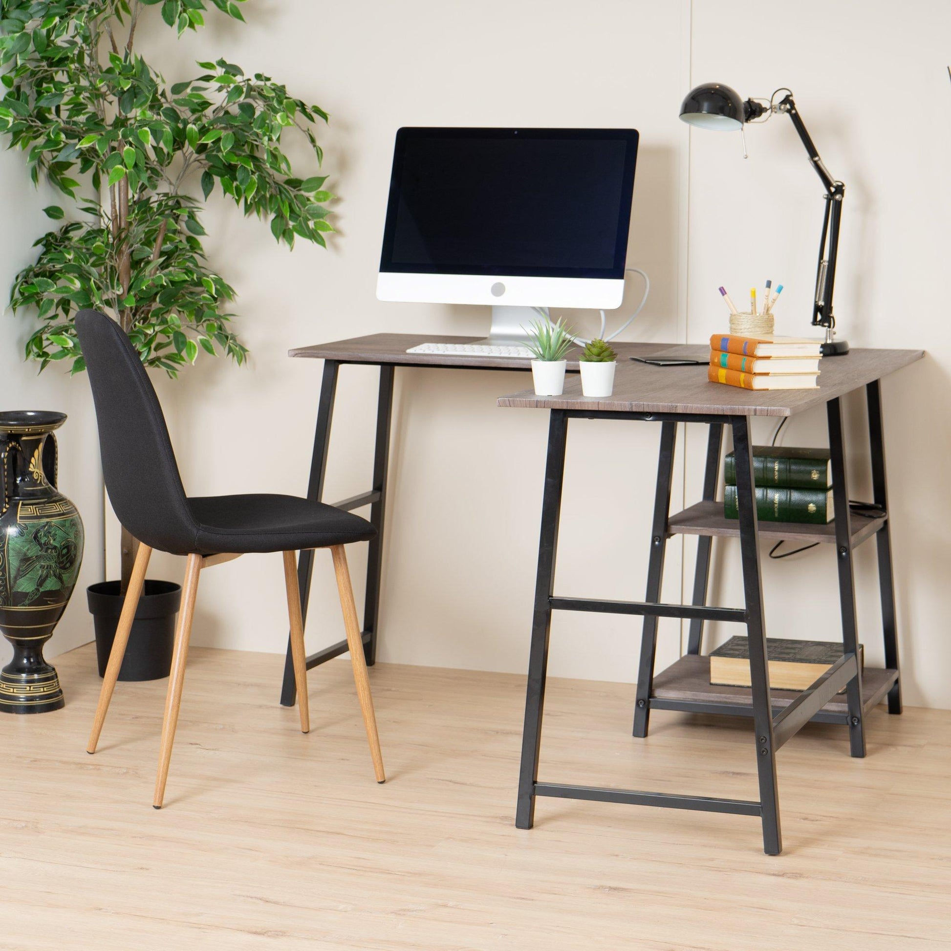FurnitureR DROGBA Black and Wooden L-shaped Desk with 2 shelves