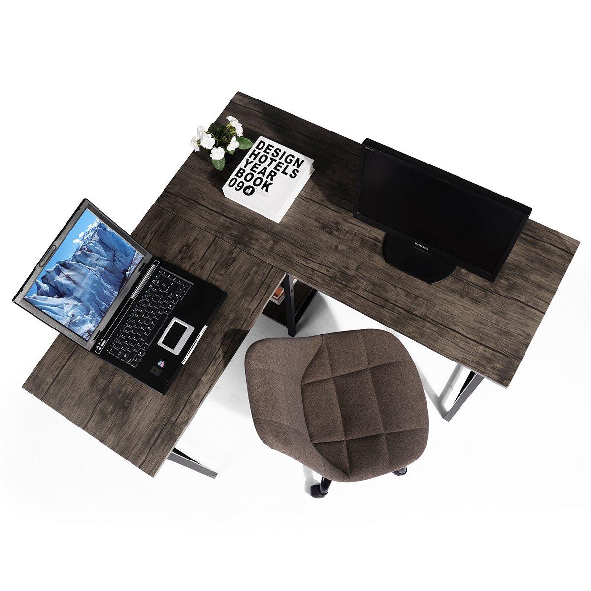 FurnitureR DROGBA Black and Wooden L-shaped Desk with 2 shelves