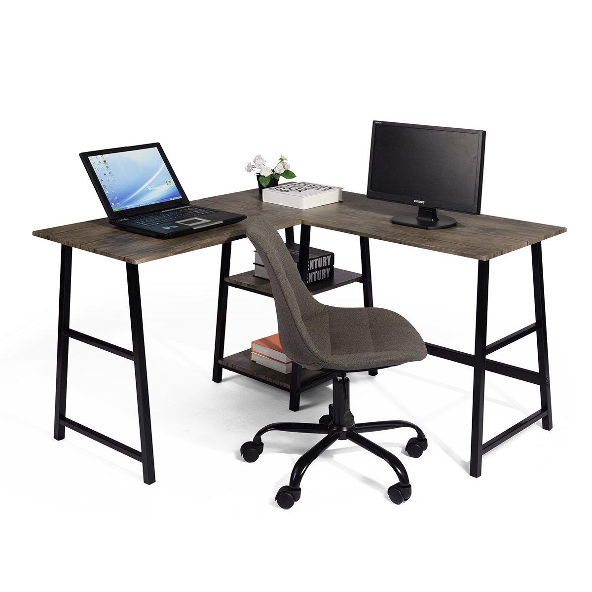 FurnitureR DROGBA Black and Wooden L-shaped Desk with 2 shelves