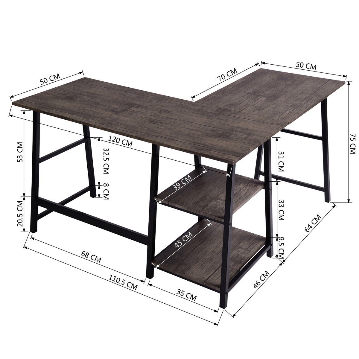 FurnitureR DROGBA Black and Wooden L-shaped Desk with 2 shelves