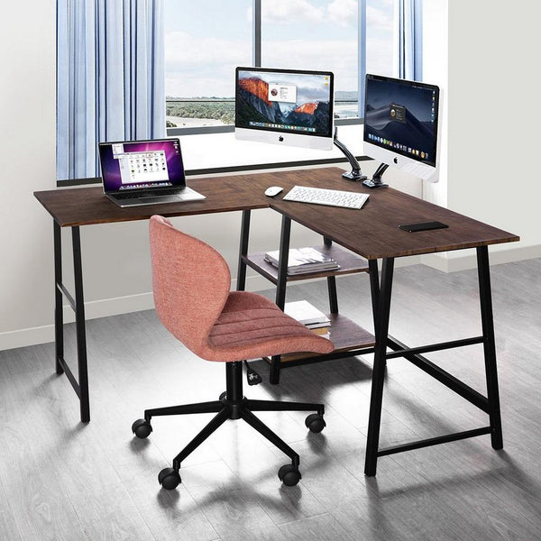 FurnitureR DROGBA Black and Wooden L-shaped Desk with 2 shelves