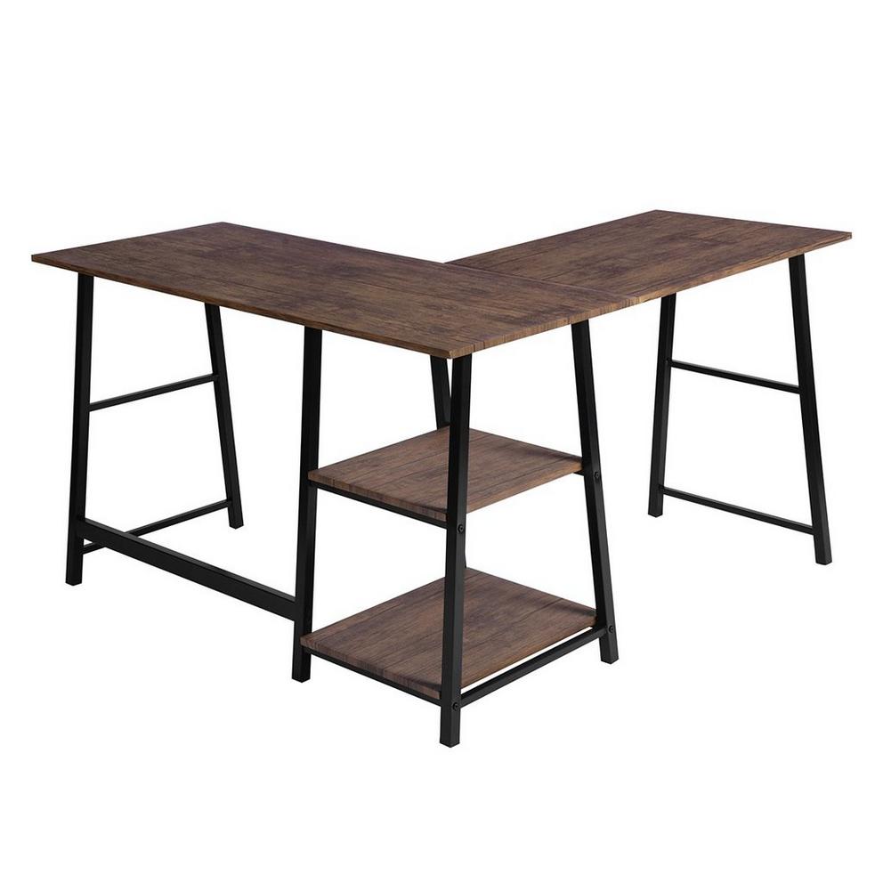 FurnitureR DROGBA Black and Wooden L-shaped Desk with 2 shelves