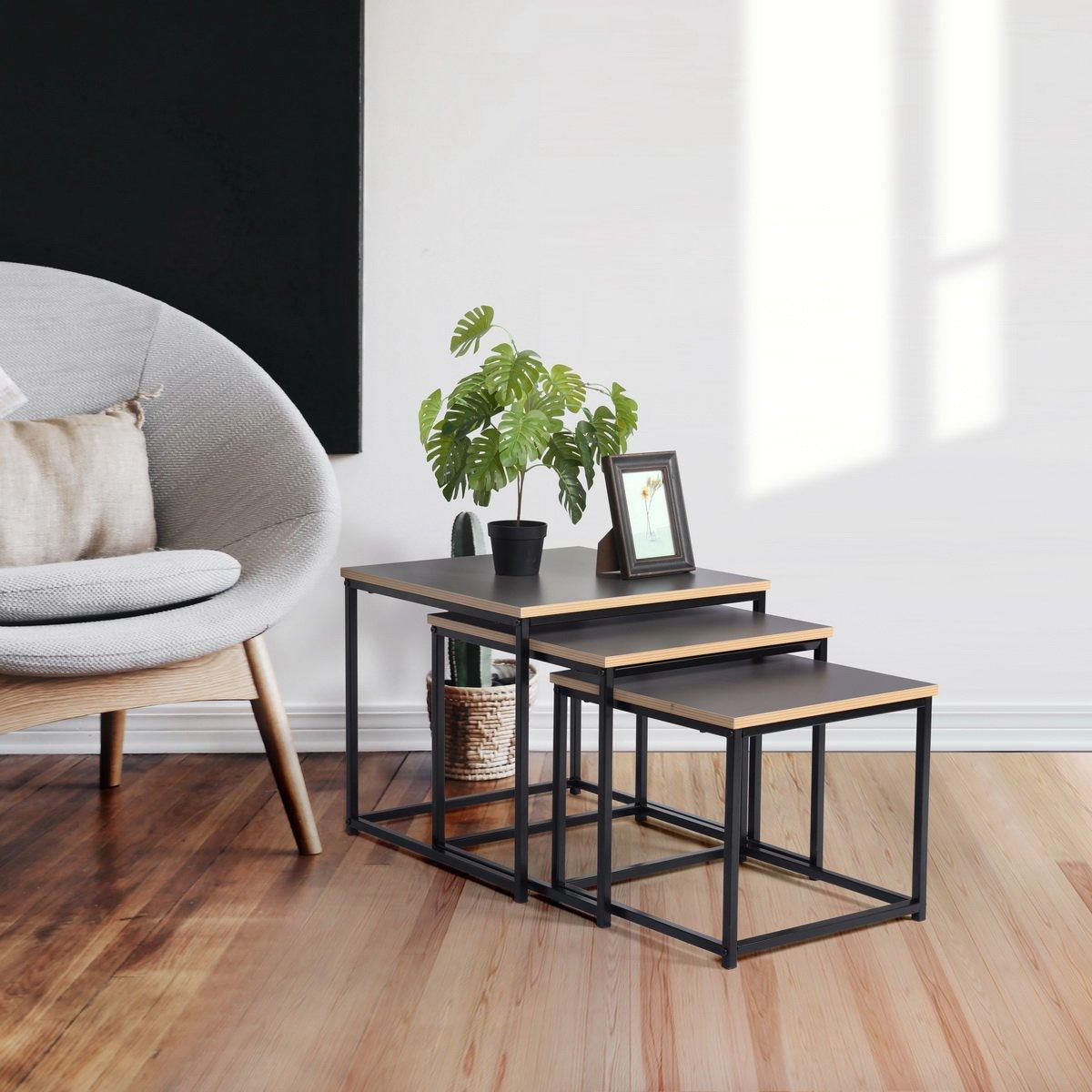 RICKY Black and Wooden Coffee Table Set of 3