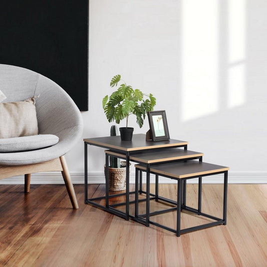 RICKY Black and Wooden Coffee Table Set of 3