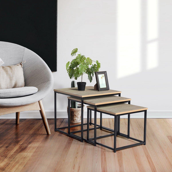 RICKY Black and Wooden Coffee Table Set of 3