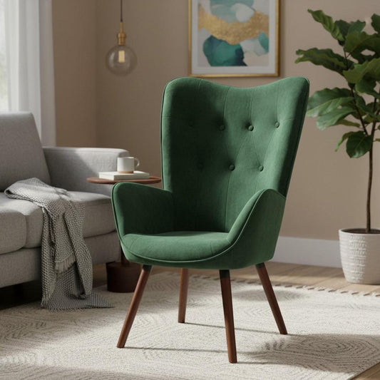 Velvet Accent Chair with Arms – Green Wingback Armchair with Button Tufted Backrest and Wood Legs