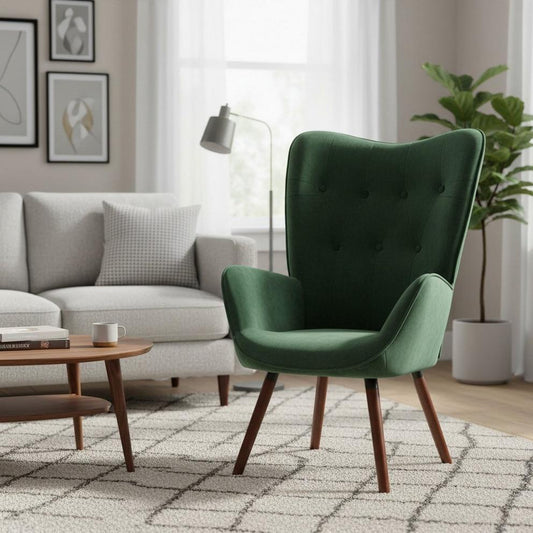Velvet Accent Chair with Arms – Green Wingback Armchair with Button Tufted Backrest and Wood Legs