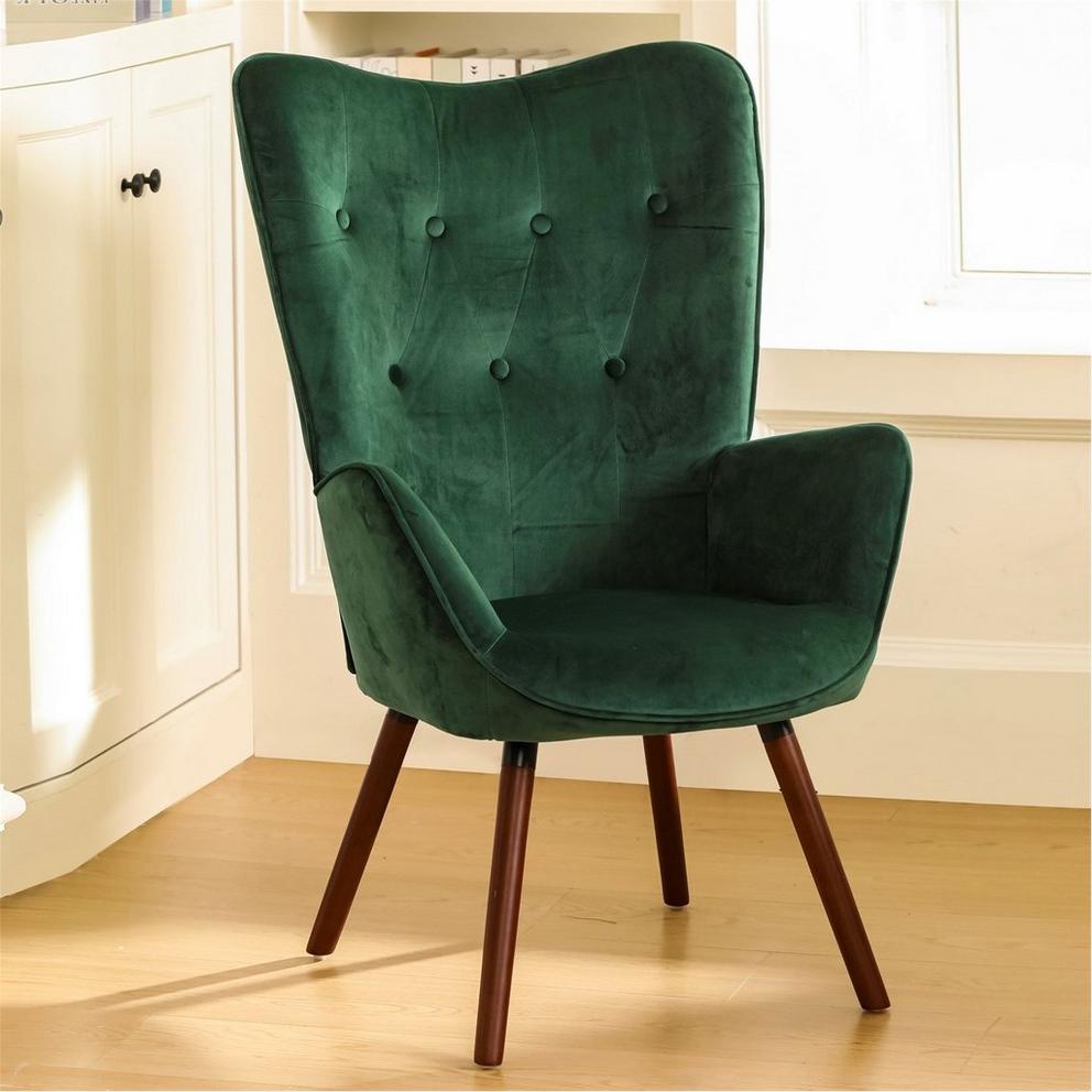 Velvet Accent Chair with Arms – Green Wingback Armchair with Button Tufted Backrest and Wood Legs