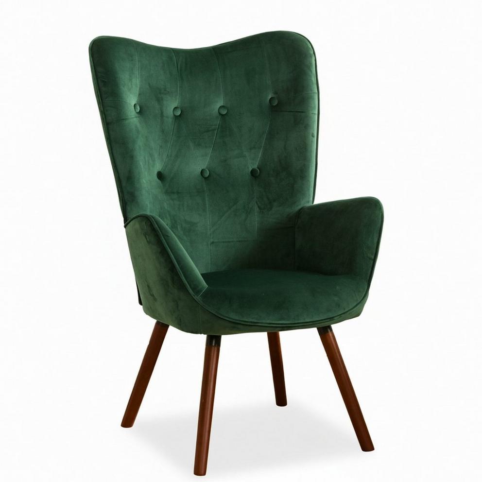 Velvet Accent Chair with Arms – Green Wingback Armchair with Button Tufted Backrest and Wood Legs