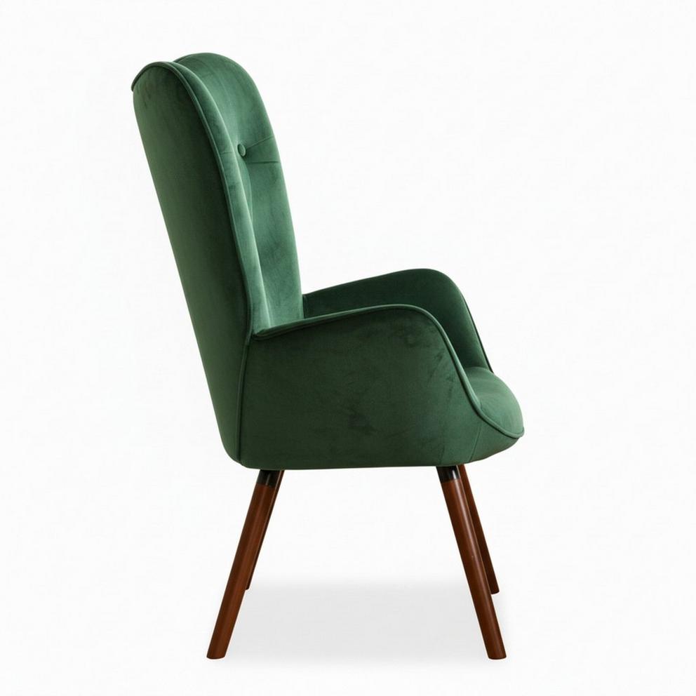 Velvet Accent Chair with Arms – Green Wingback Armchair with Button Tufted Backrest and Wood Legs