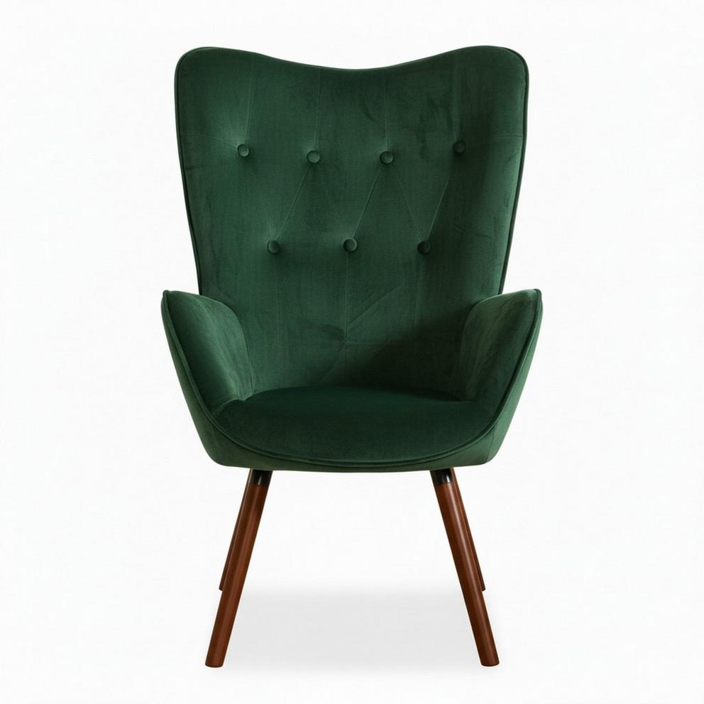 Velvet Accent Chair with Arms – Green Wingback Armchair with Button Tufted Backrest and Wood Legs