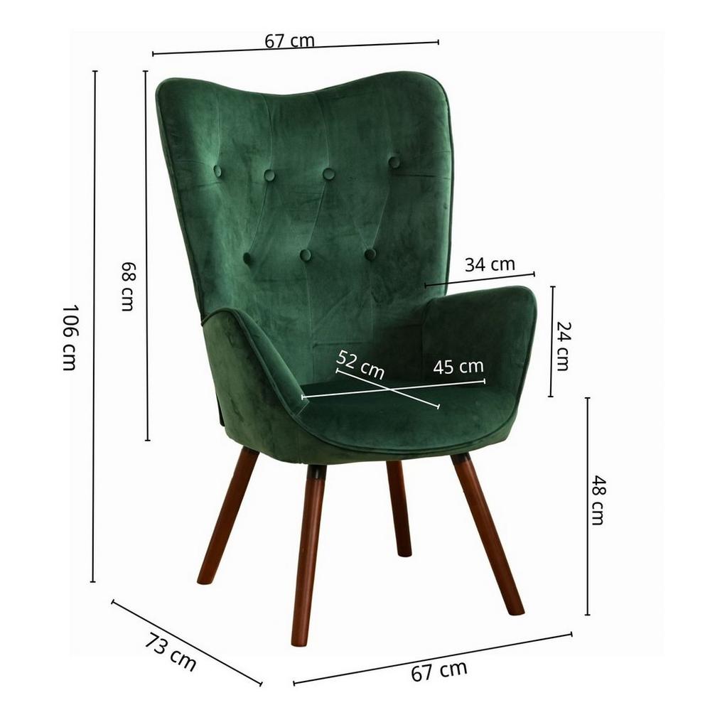 Velvet Accent Chair with Arms – Green Wingback Armchair with Button Tufted Backrest and Wood Legs