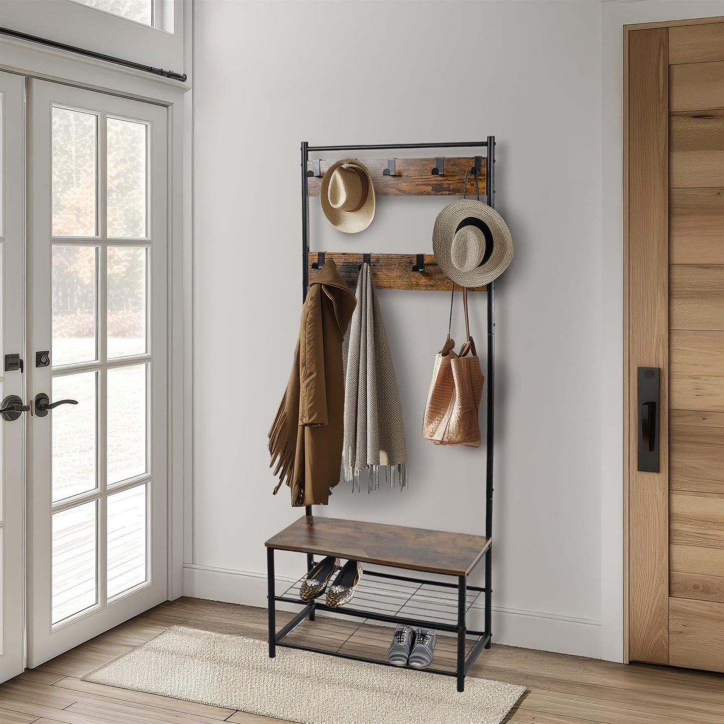 House of Home Multi function coat stand Black frame rustic brown