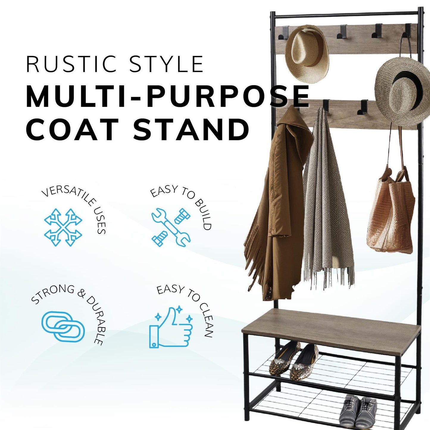House of Home Multi function coat stand Black frame rustic brown
