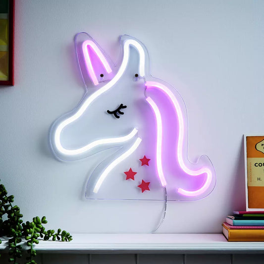 Glow Neon Effect Unicorn LED Kids Wall Light - White & Pink