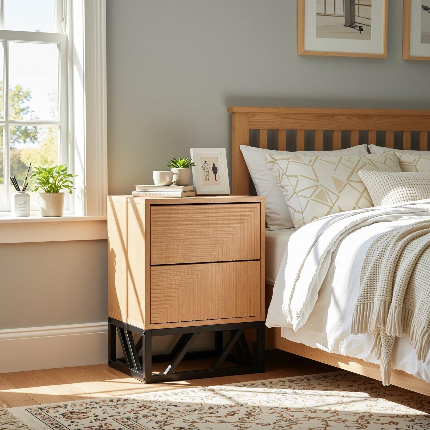 Grooved Oak Colour Wooden Bedside Table with 2 Drawers