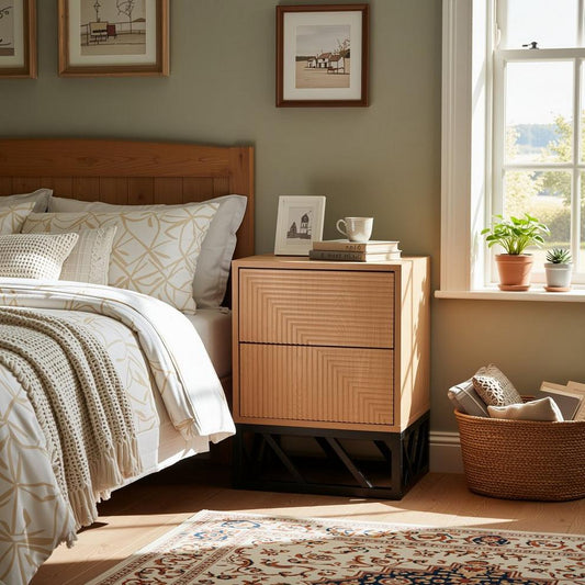 Grooved Oak Colour Wooden Bedside Table with 2 Drawers